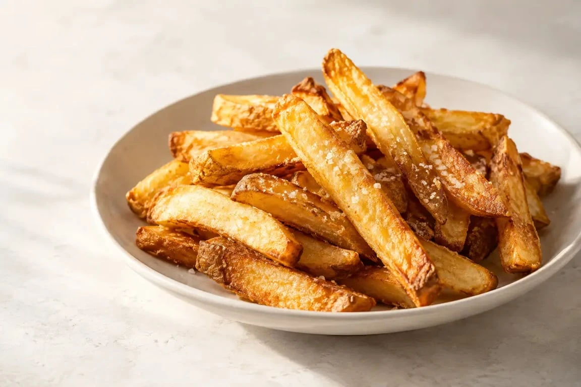 Frites maison cuisson réussie, dorées et croustillantes dans une assiette