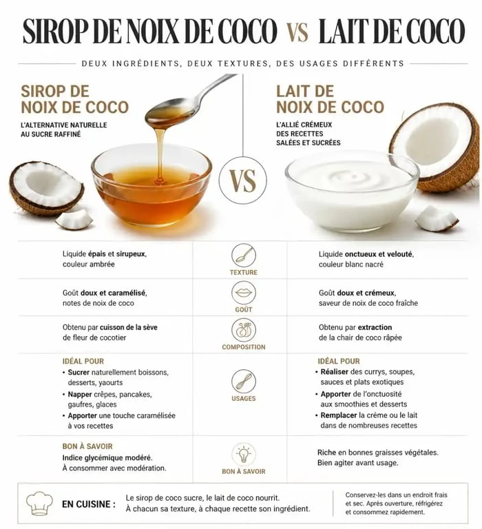 Comparaison visuelle entre le sirop de noix de coco et le lait de coco pour la cuisine et les boissons