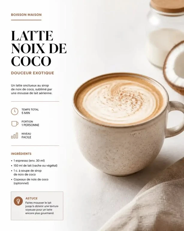 Café latte onctueux préparé avec du sirop de noix de coco dans une tasse élégante