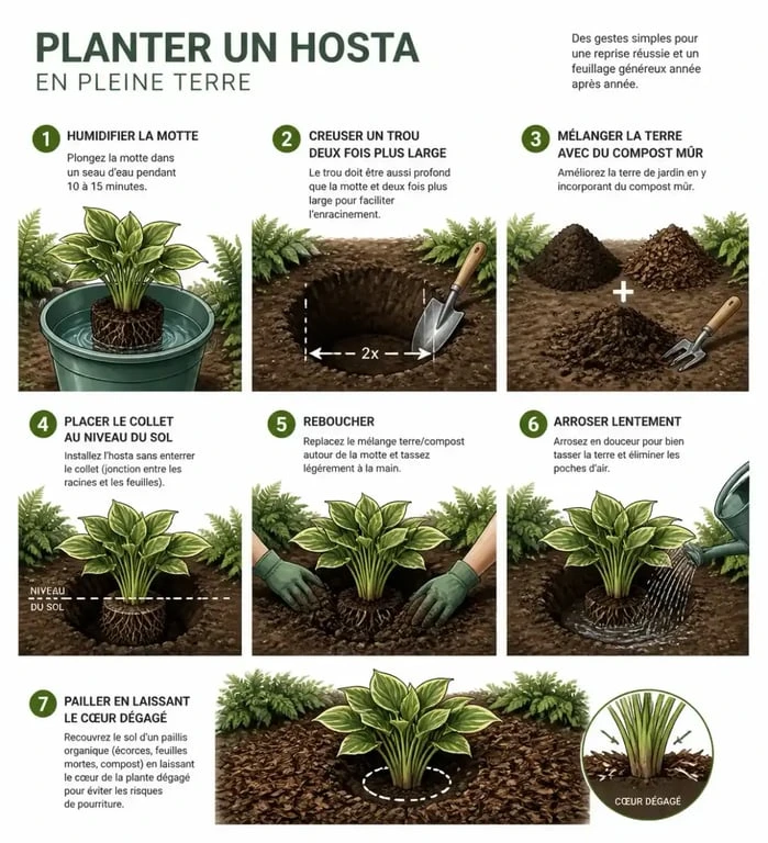 Planting hostas : illustration des étapes pour planter un hosta en pleine terre