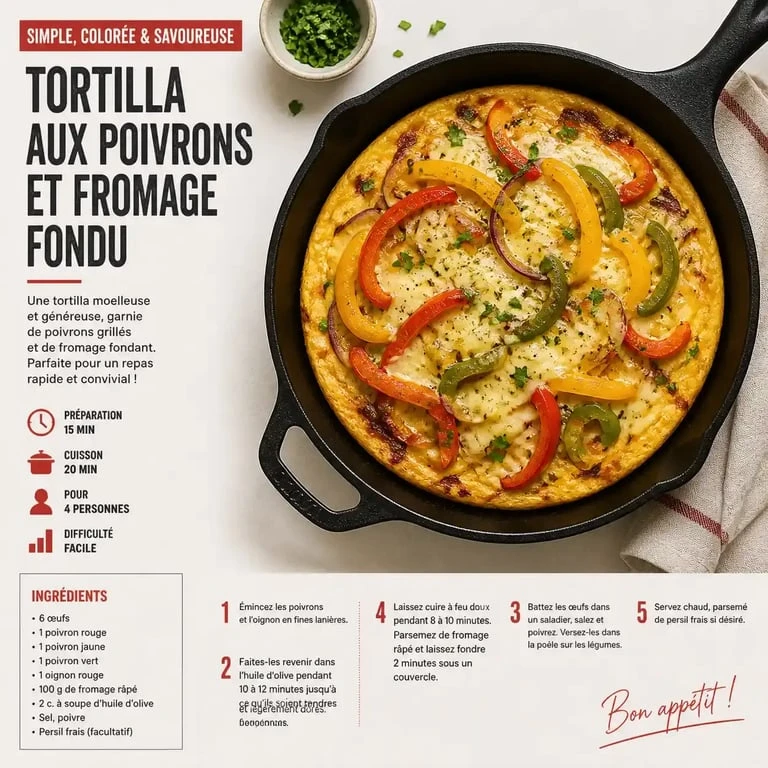 Recette tortilla aux poivrons et fromage, plat économique et rapide à base d'oeuf