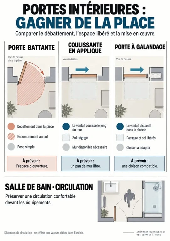Infographie d’aménagement maison comparant les portes battante, coulissante et à galandage