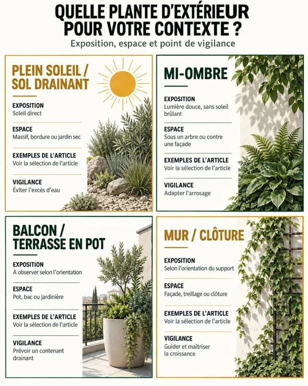 Infographie pour choisir une plante exterieur selon le soleil, l’ombre, le pot ou la pleine terre