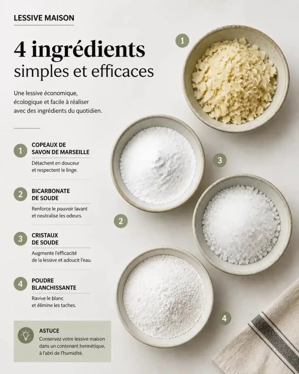 Ingrédients pour lessive maison en poudre : savon de Marseille, bicarbonate, cristaux de soude