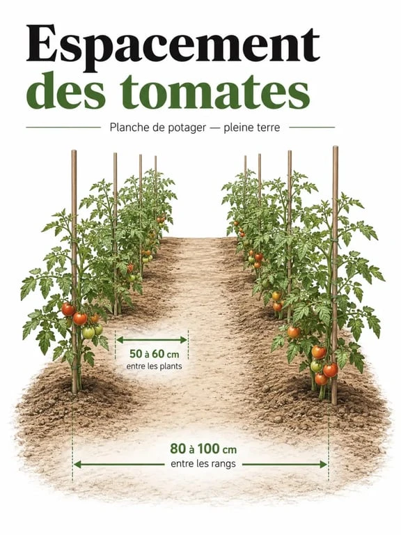 Espacement pied de tomate en pleine terre avec repères de distance entre plants et entre rangs