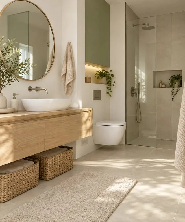 Décoration de salle de bain scandinave avec rangements et bois clair