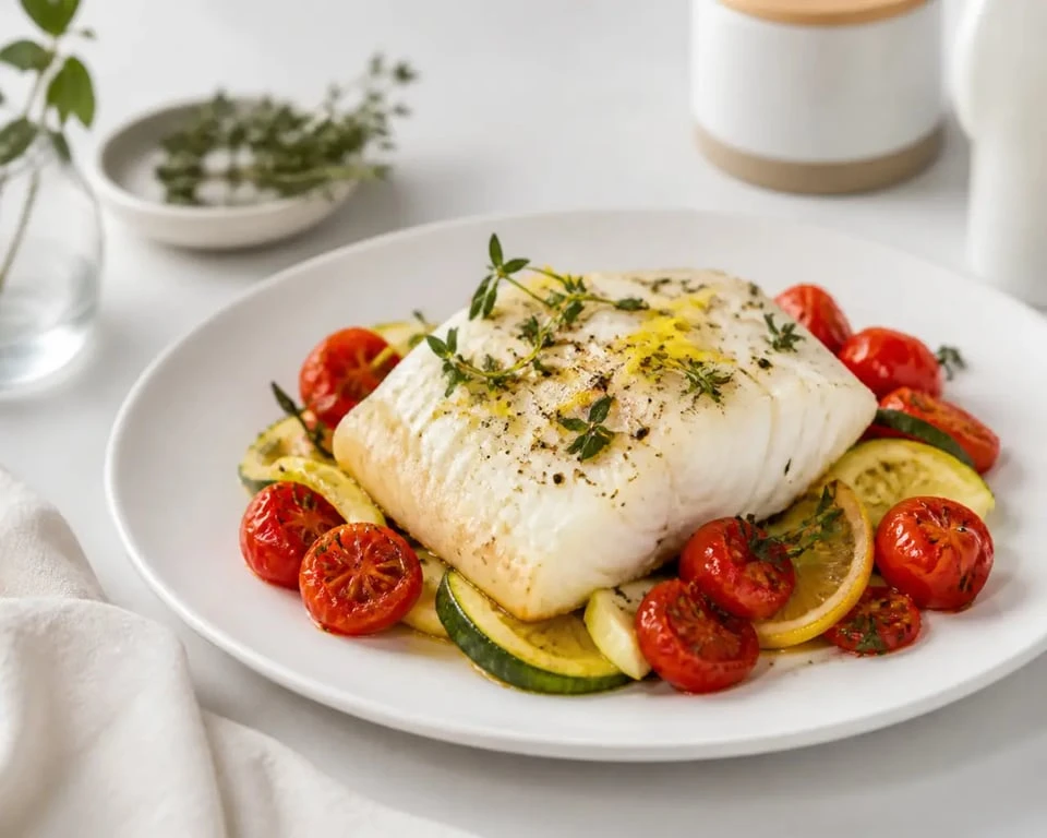 Recette cabillaud au four avec tomates cerises, courgettes et citron dans une assiette blanche