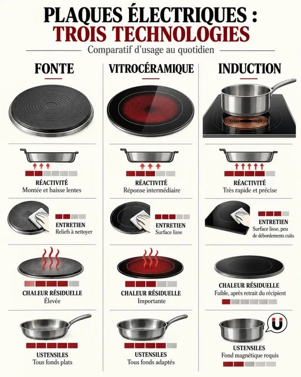Comparatif de plaque électrique de cuisson en fonte, vitrocéramique et induction