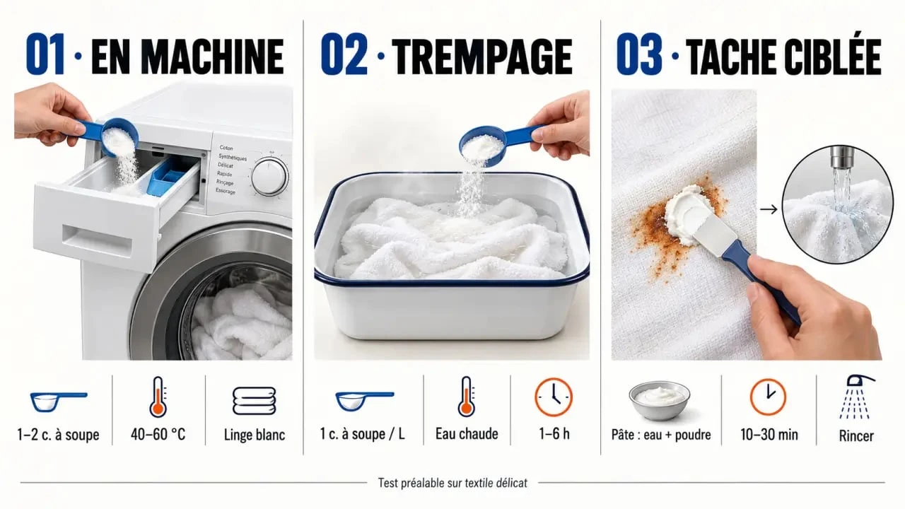 Les trois méthodes d'utilisation du percarbonate de soude pour le linge : machine, trempage et prétraitement
