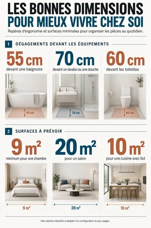 Infographie sur l'aménagement intérieur et les distances de circulation par pièce