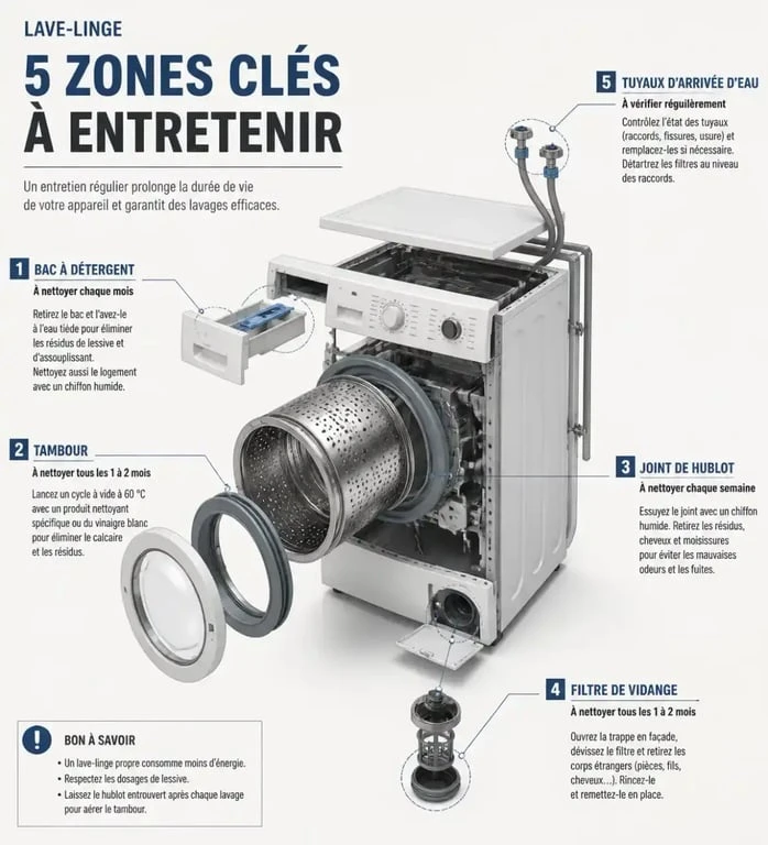 Schéma des zones à nettoyer pour bien nettoyer son lave-linge