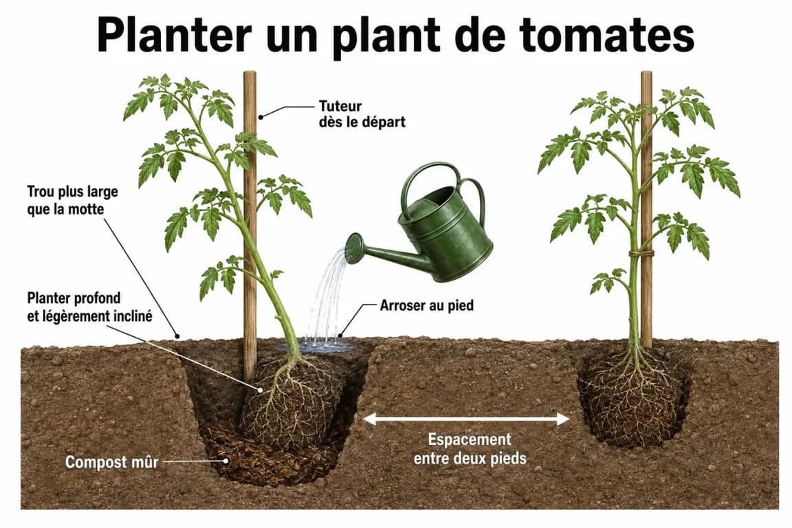Tomates plantation : illustration d'un plant installé profondément avec tuteur et arrosage au pied