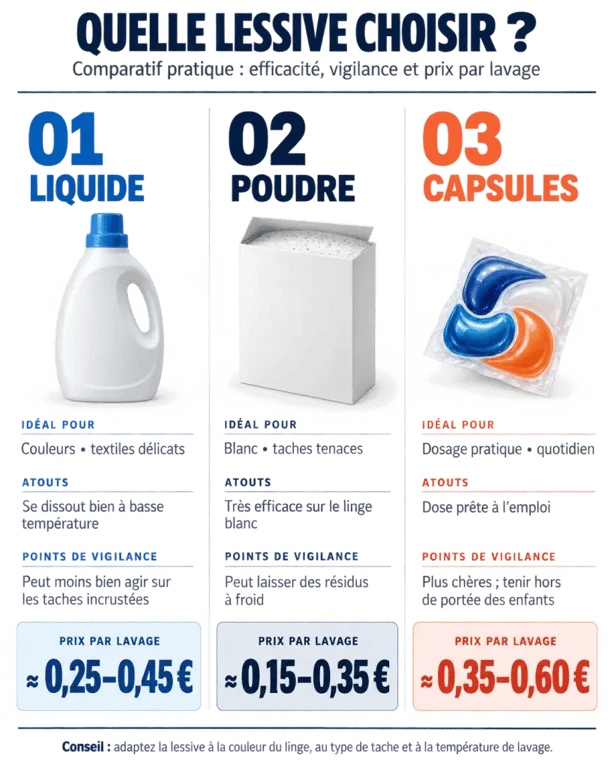 Infographie comparative pour choisir la meilleure lessive selon le format, le linge et le prix par lavage
