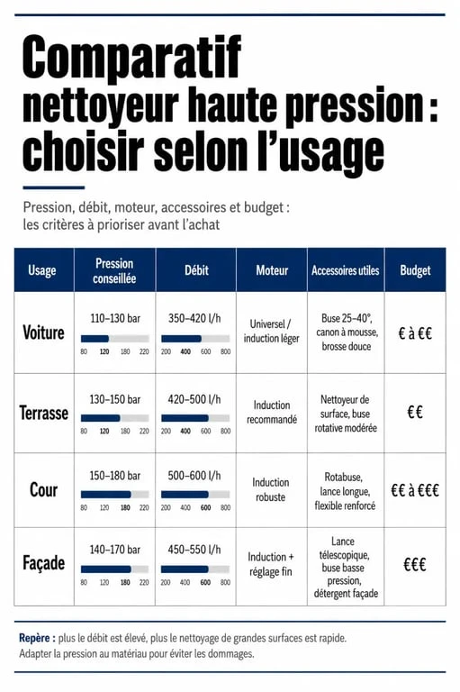 Comparatif nettoyeur haute pression achat selon l’usage, la pression, le débit et le budget