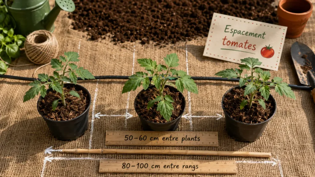 Espacement pied de tomate : 50 à 60 cm entre deux plants, 80 à 100 cm entre les rangs