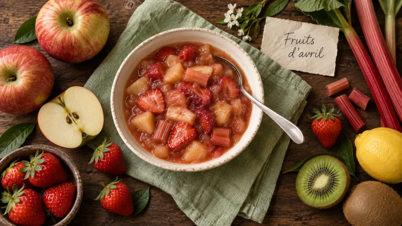 Fruits de saison avril : compote pomme-rhubarbe et fraises en bol