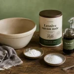 Lessive maison au savon noir : ingrédients sur table, 1 litre, 3 gestes