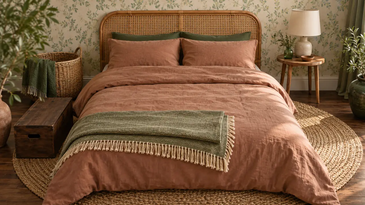 Déco chambre : lit accueillant, textiles beige rosé et tapis tressé