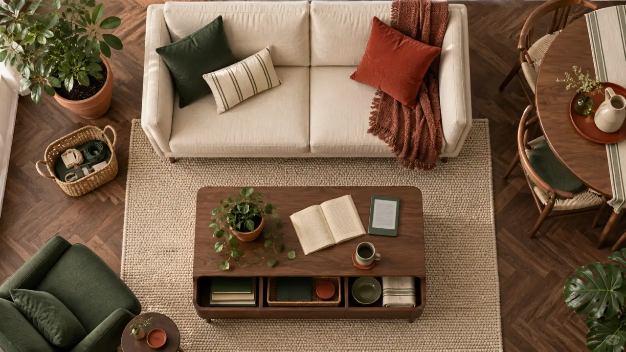 Décoration appartement : petit salon organisé, confort et rangement